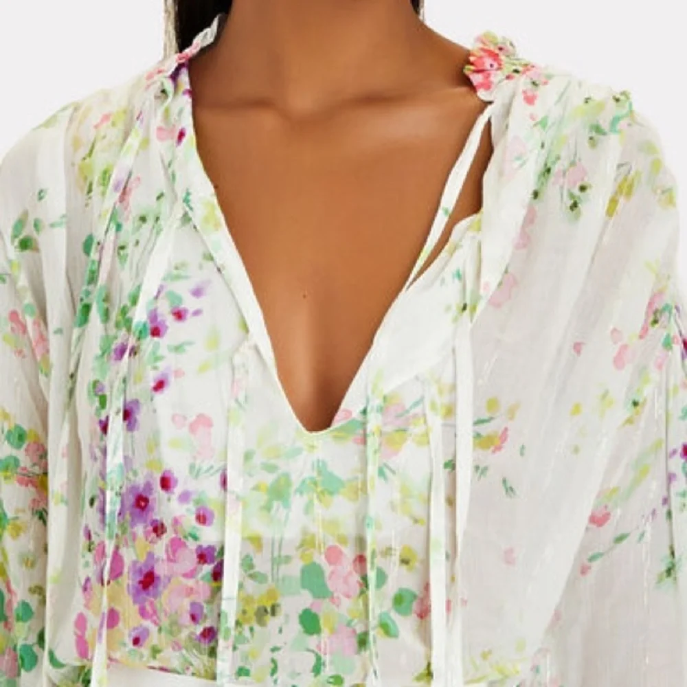 Anthropologie White Floral Tie-Front Blouse